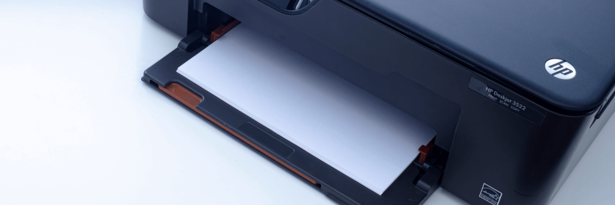 close up of HP printer on desktop