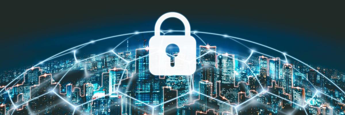 security concept, lock icon over city covered by secure dome